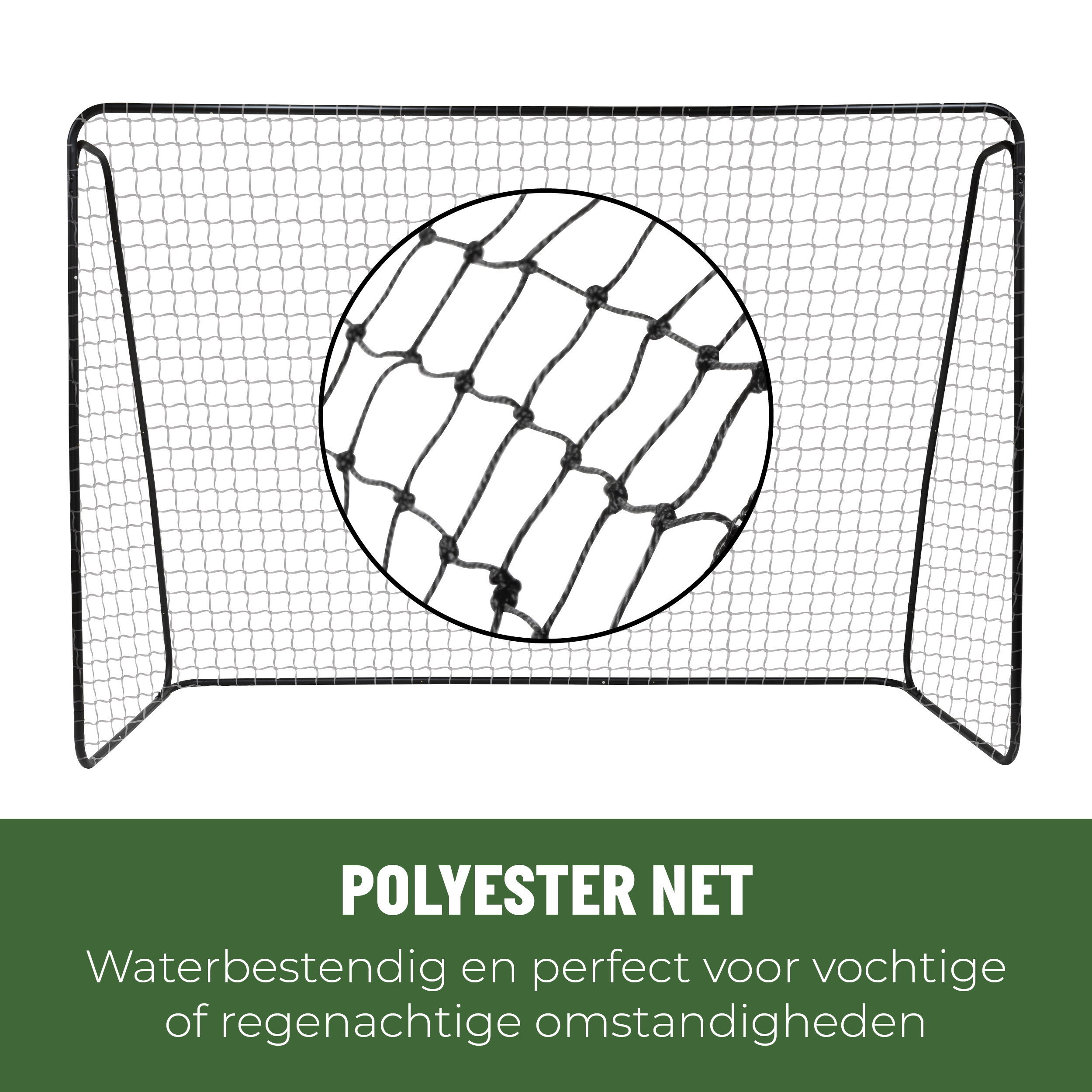 Een voetbaldoelnet met een cirkel in close-up. Het net is zwart. Tekst onderaan: 'Polyester net'.