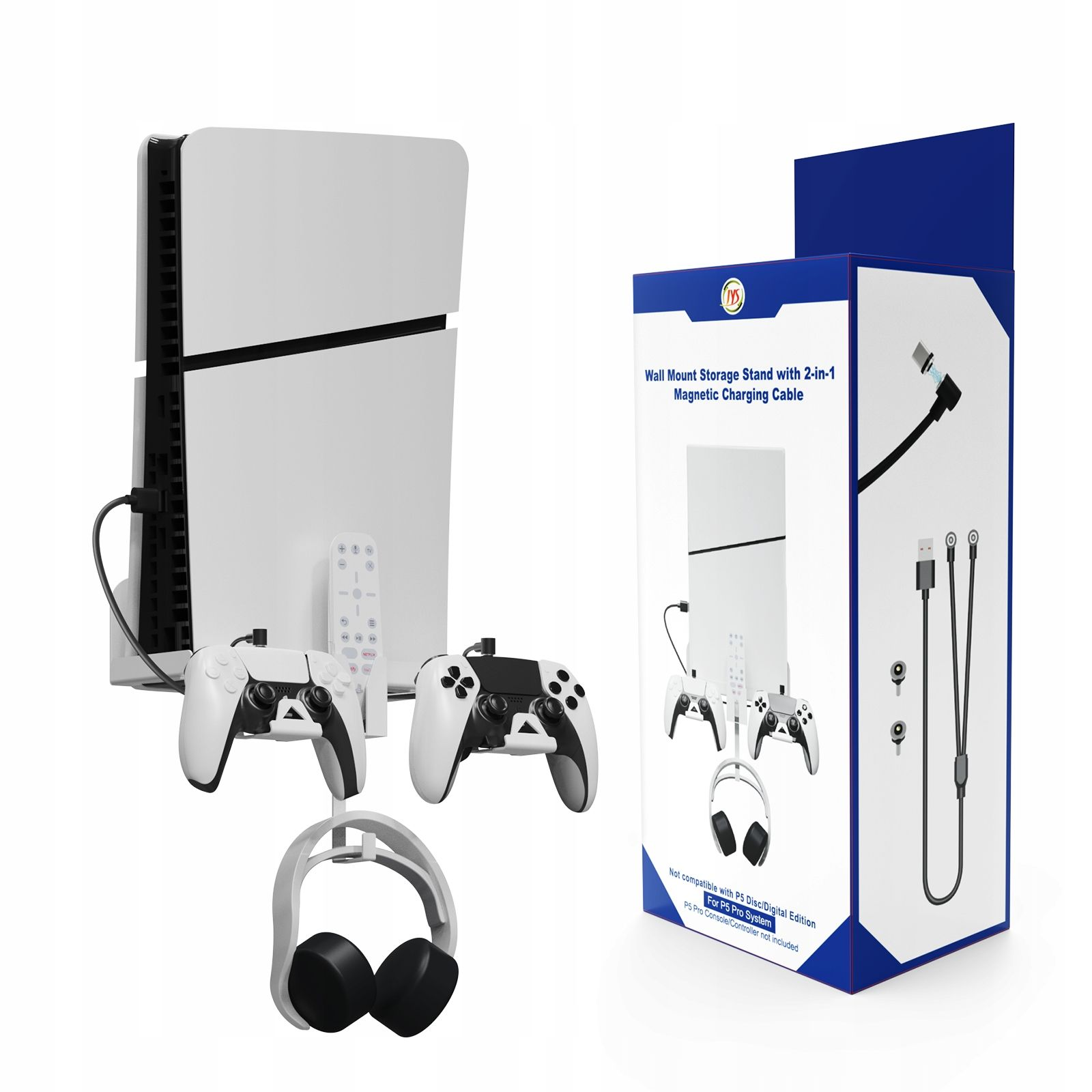 Biała konsola PlayStation 5 z kontrolerami, pilotem i zestawem słuchawkowym. Widoczny jest również stojak do ładowania.