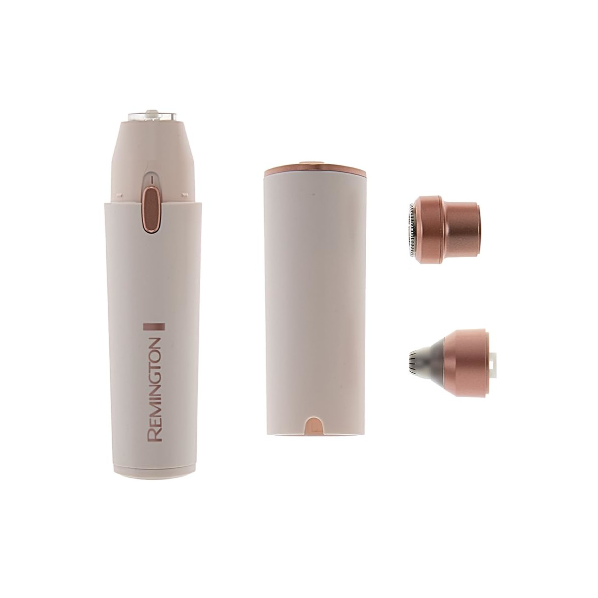 Ein Remington-Gesichtshaartrimmer, zerlegt. Zu den Teilen gehören das Hauptgehäuse, die Kappe und zwei Trimmerköpfe. Alle sind creme- und roségoldfarben.