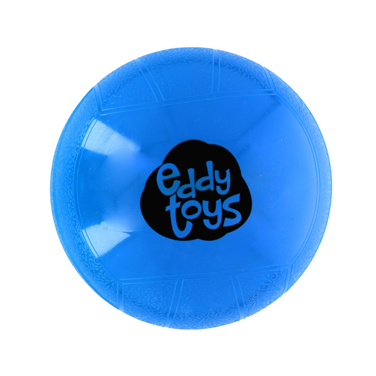 A blue ball with the words "eddy toys" on it. The ball is on a white background. It's a top-down view.