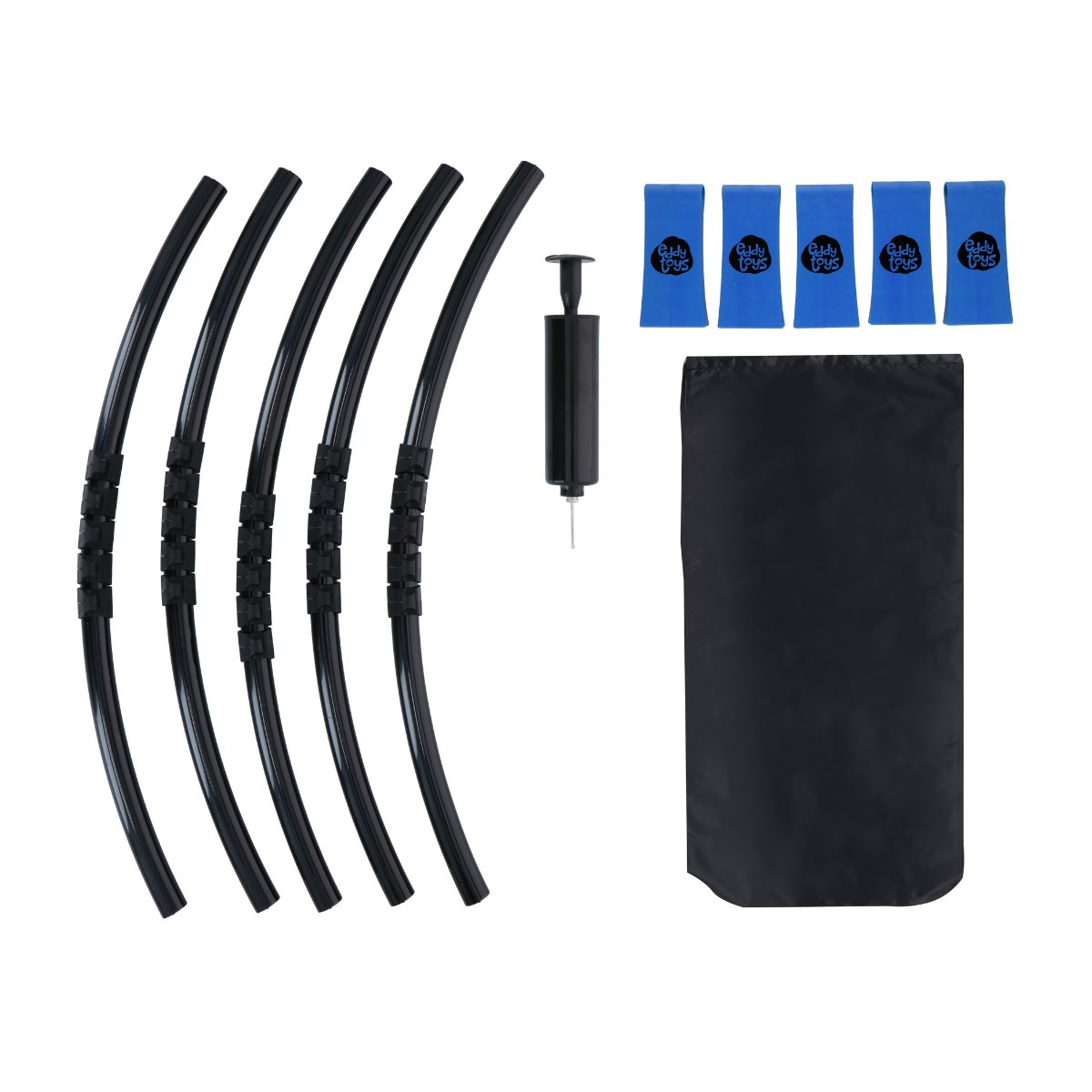 Black curved tubes, a pump, blue bands with text, and a black bag are arranged on a white background.