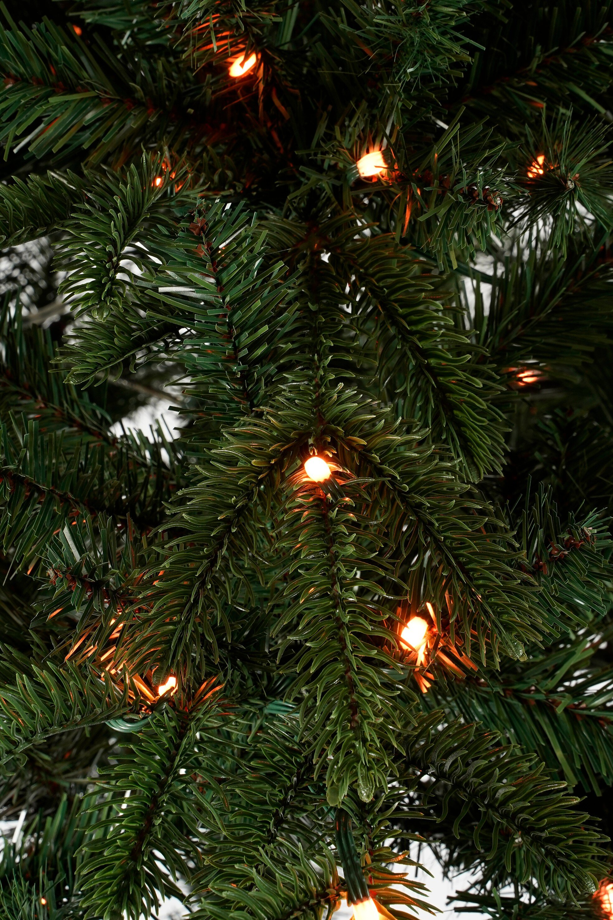 Gros plan d'un sapin de Noël avec des aiguilles vertes et des lumières blanc chaud.