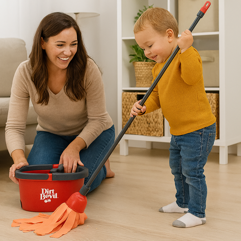 A woman and a young boy are cleaning together. The boy is holding a mop, while the woman is with a red bucket.