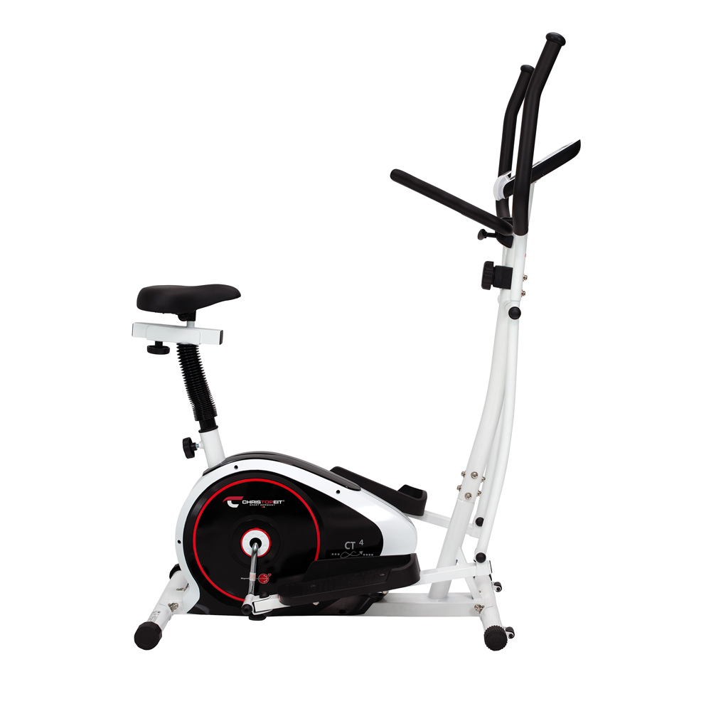 Ein Heimtrainer mit schwarzen und roten Akzenten, weißem Rahmen und Sitz. Es ist für Cardio-Workouts konzipiert.