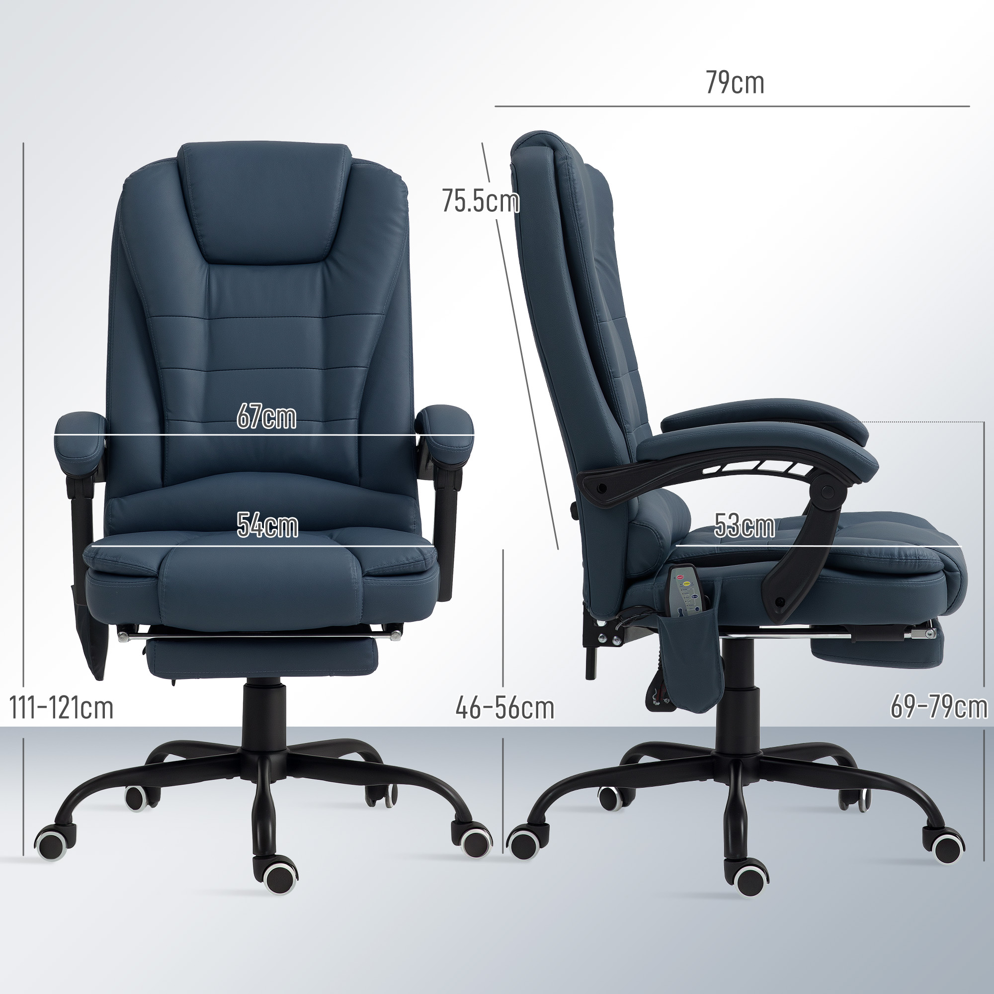 Sedia da ufficio blu con misure. Ha poggiatesta, braccioli e poggiapiedi. Base nera con ruote.