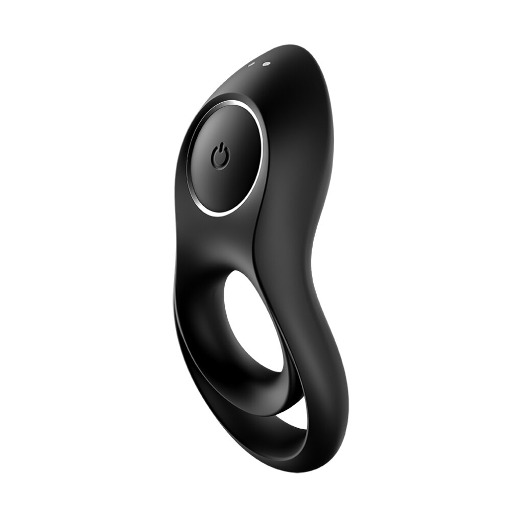 Czarna, zakrzywiona zabawka erotyczna z przyciskiem zasilania i dwiema lampkami kontrolnymi. Ma owalny otwór i gładkie, błyszczące wykończenie.