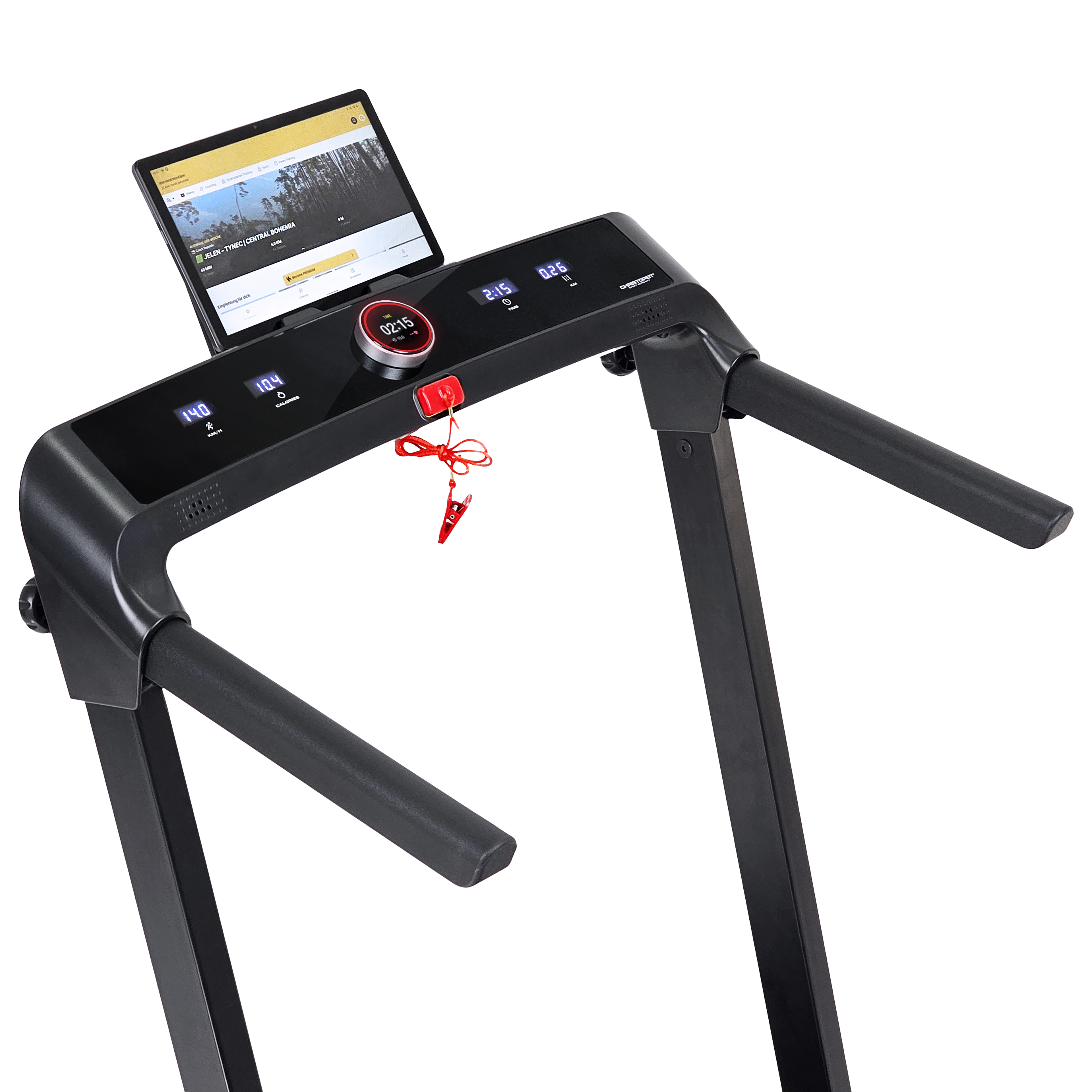 Ein Laufband mit Tablet, das ein Naturvideo zeigt. Anzeigen zeigen Geschwindigkeit, Zeit und Kalorien. Ein roter Sicherheitsschlüssel.