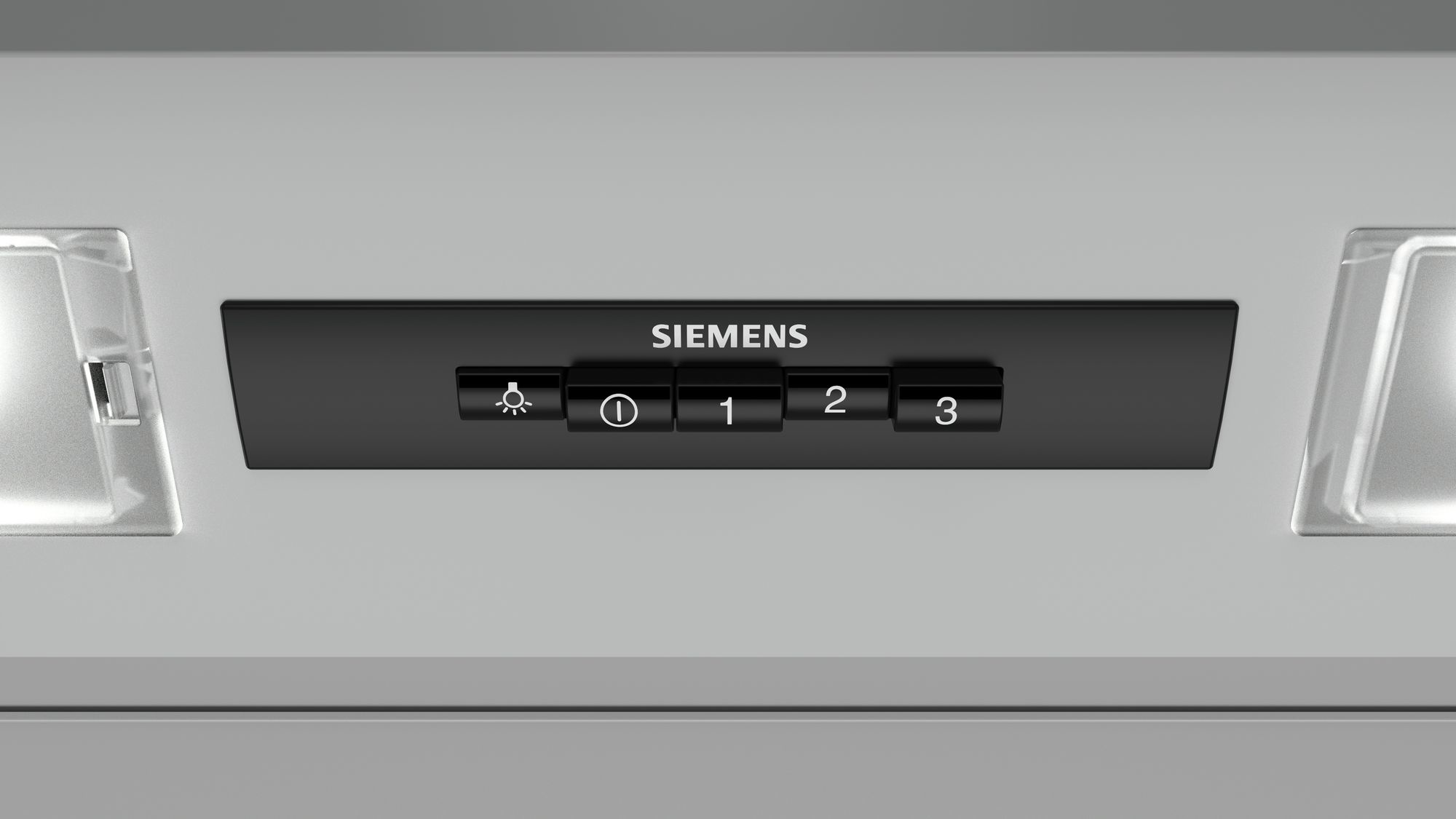 Nahaufnahme eines schwarzen Bedienfelds mit Siemens-Logo und Tasten für Licht und Lüftergeschwindigkeit.