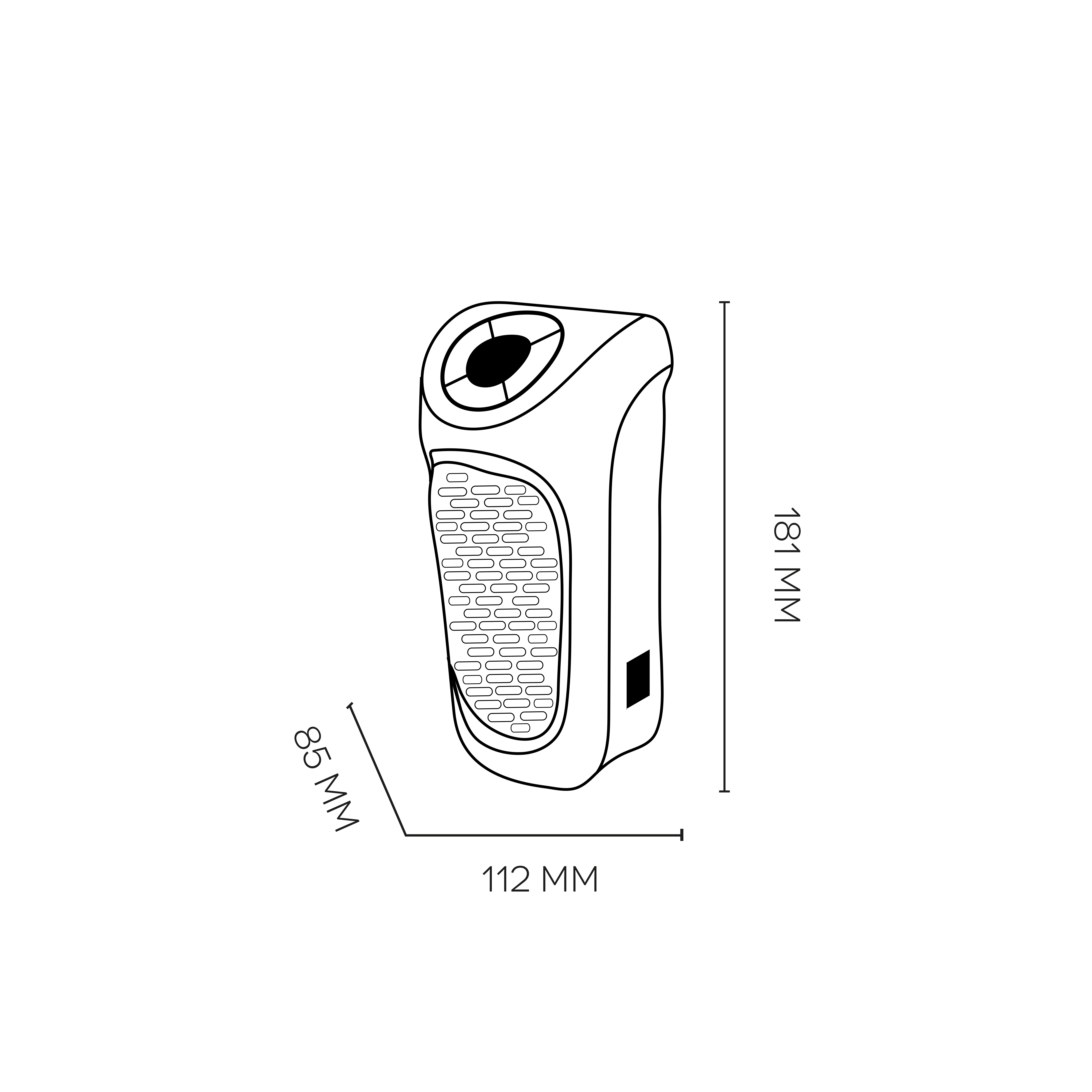 Un'illustrazione di un dispositivo bianco e nero con dimensioni espresse in millimetri.