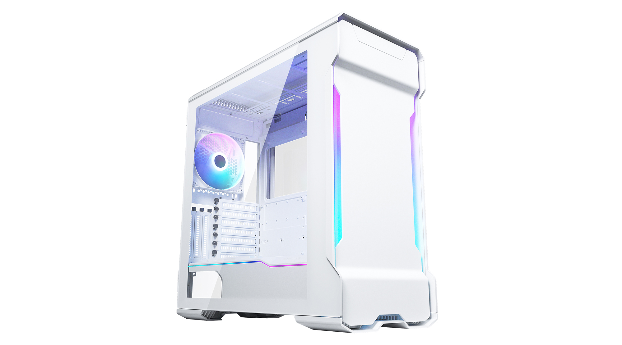 Un case per computer bianco con pannello laterale in vetro. Ha illuminazione RGB e una ventola. Lo sfondo è bianco.