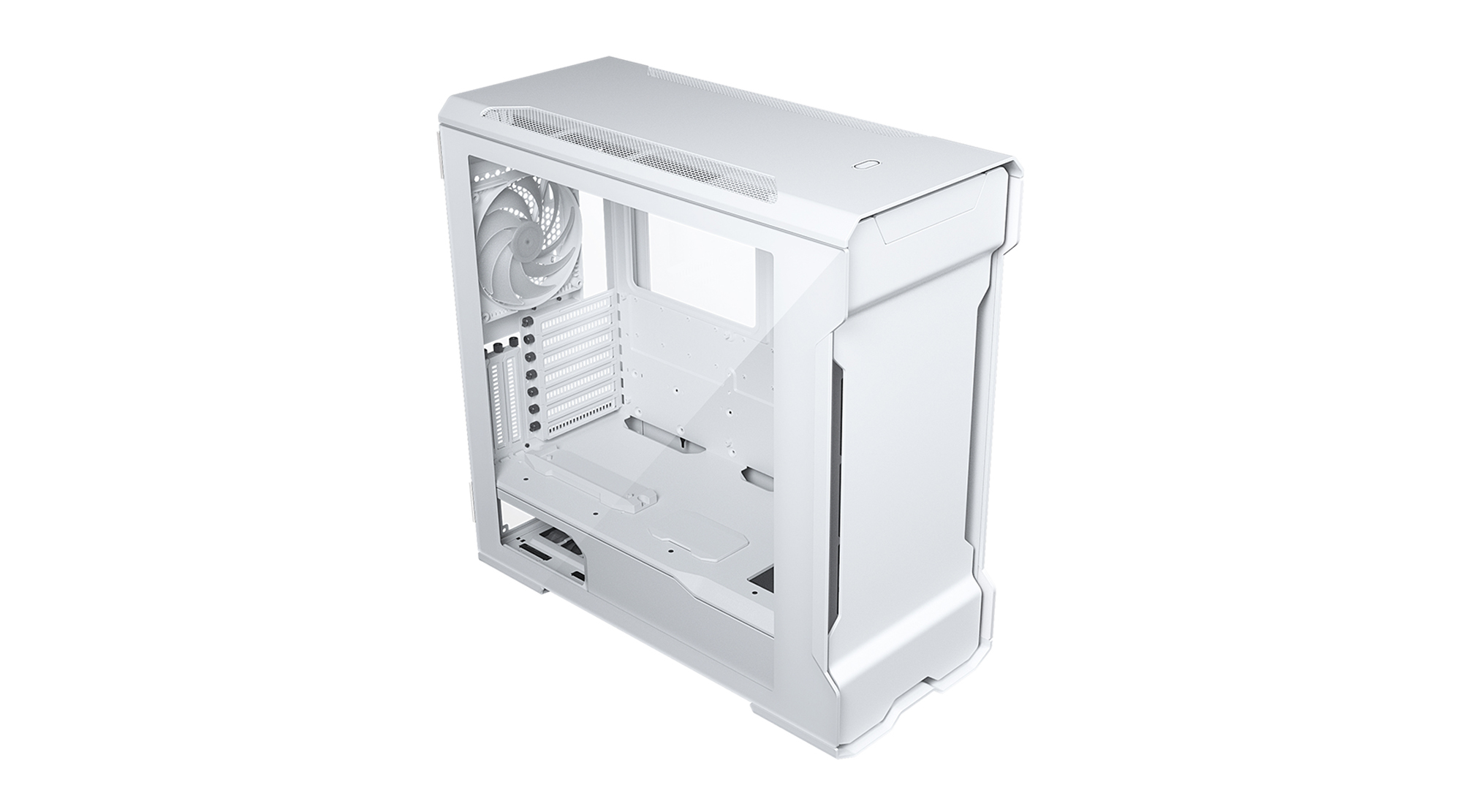 Un case per computer bianco con un pannello laterale trasparente, che rivela i componenti interni e una ventola.