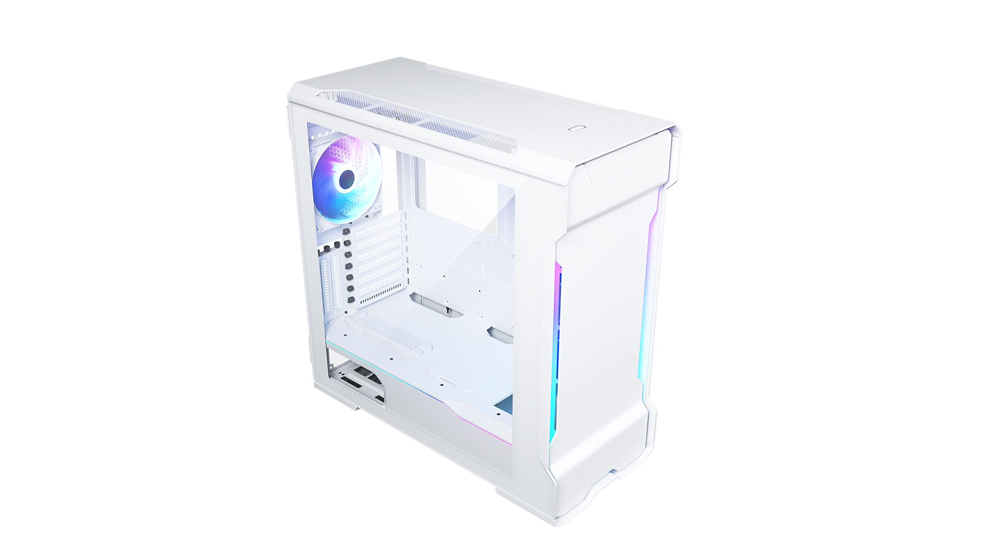 Un case per computer bianco con pannello laterale in vetro. Visibile una ventola multicolore. Il case ha illuminazione RGB.
