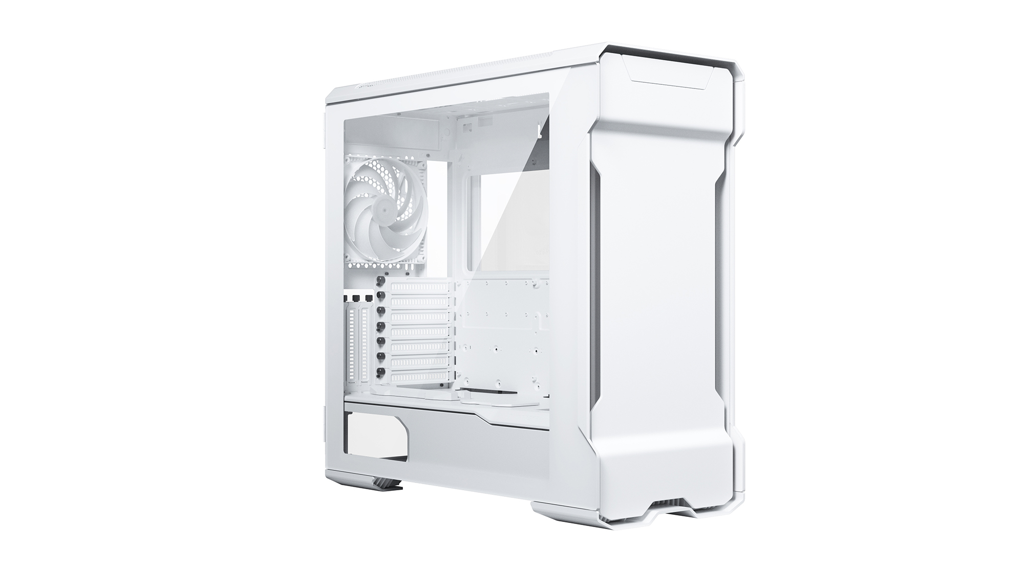 Un case per computer bianco, leggermente angolato. Ha un pannello laterale trasparente, una ventola visibile all'interno e varie fessure interne.