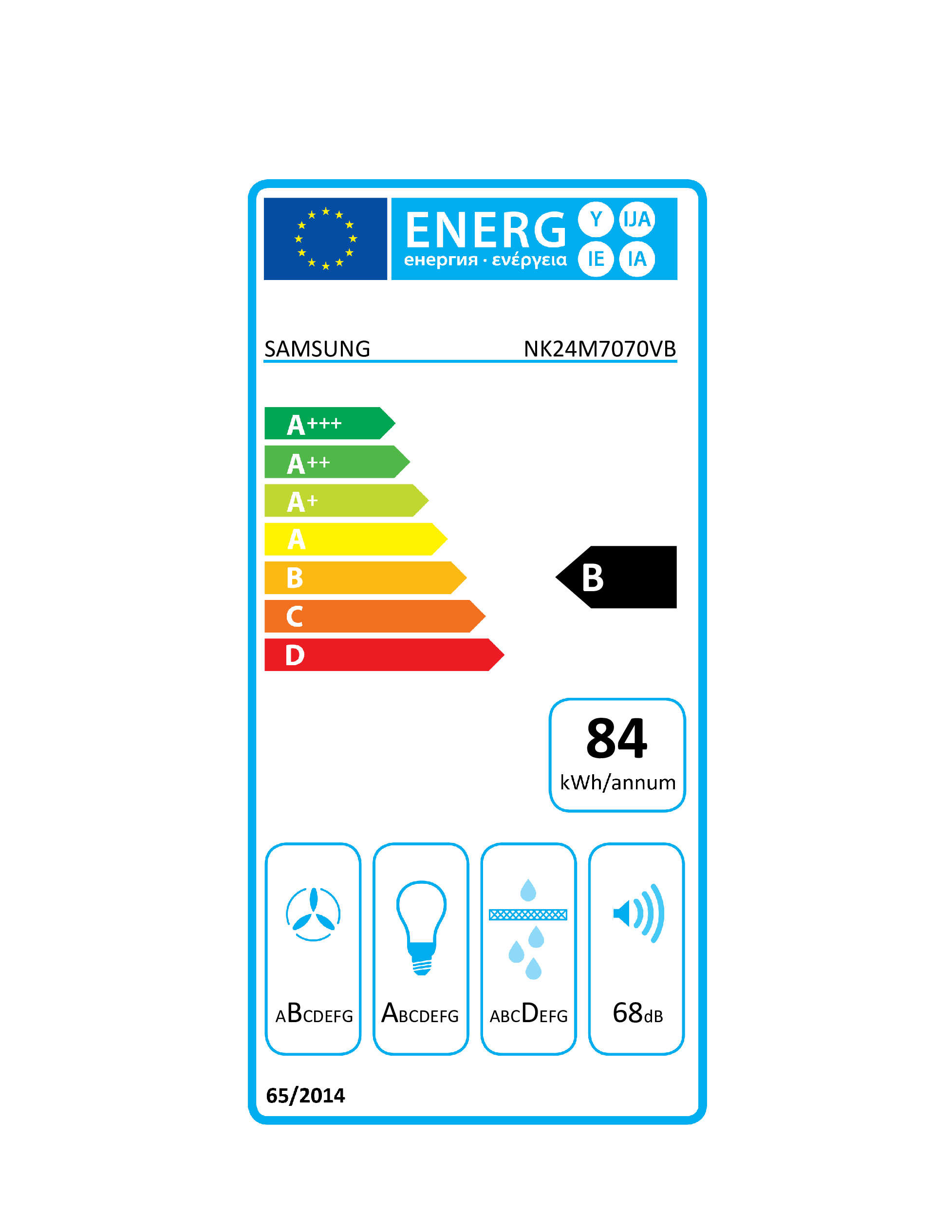 Samsung cihazı için enerji etiketi, enerji verimliliği derecelendirmelerini, model numarasını ve enerji tüketim detaylarını gösterir.