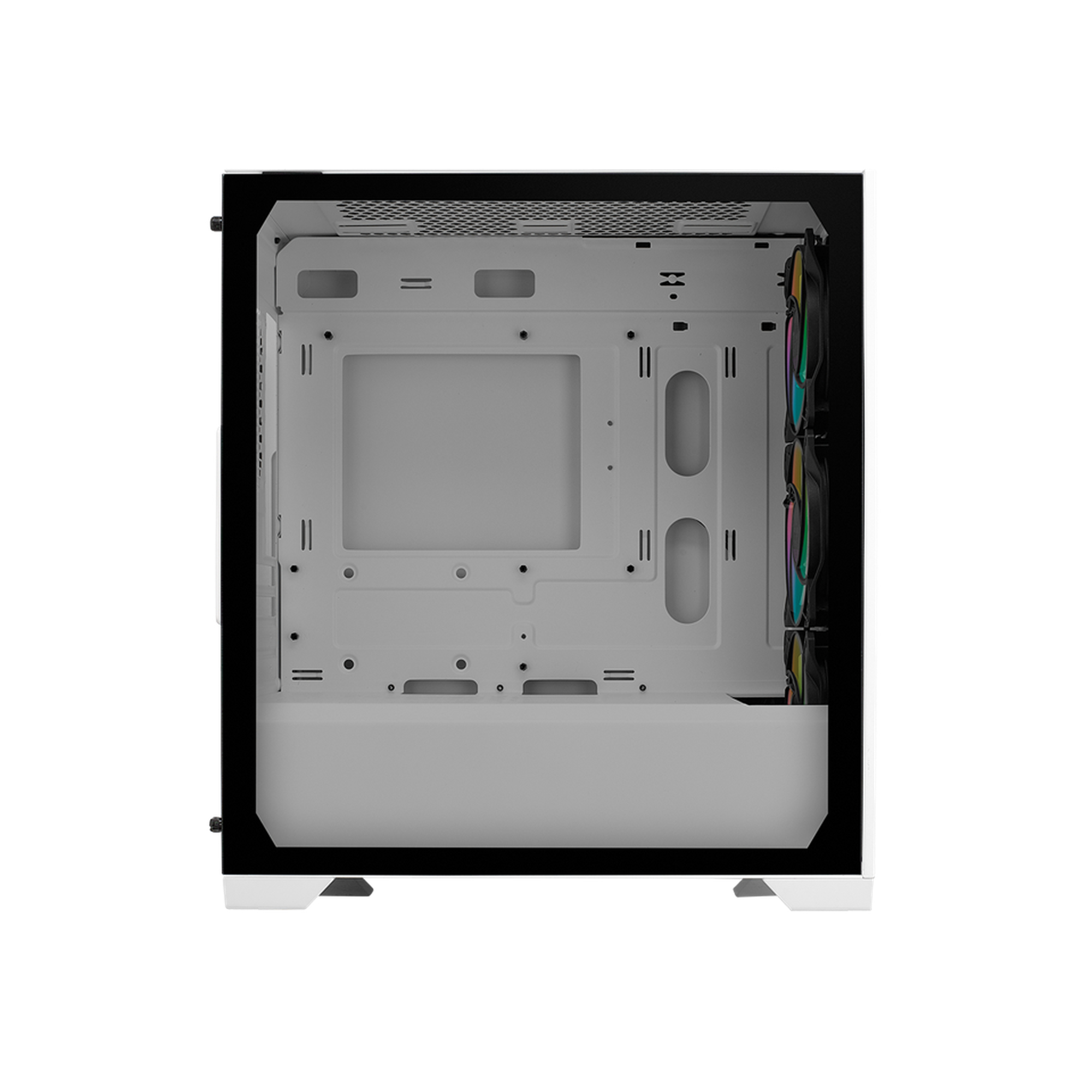 Case per computer bianco con pannello laterale in vetro, che mostra l'interno. Ventole arcobaleno visibili a destra.