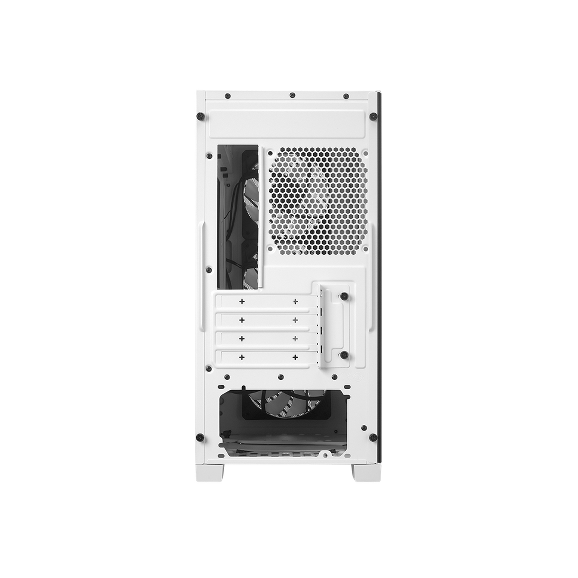 Vista posteriore di un case per computer bianco. Include una ventola, fessure e slot per schede di espansione.