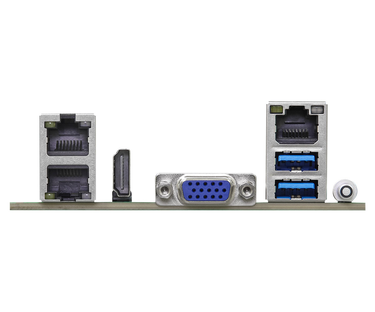 Pannello posteriore di un computer con varie porte: Ethernet, HDMI, VGA, USB e jack audio, montati su un circuito stampato verde.