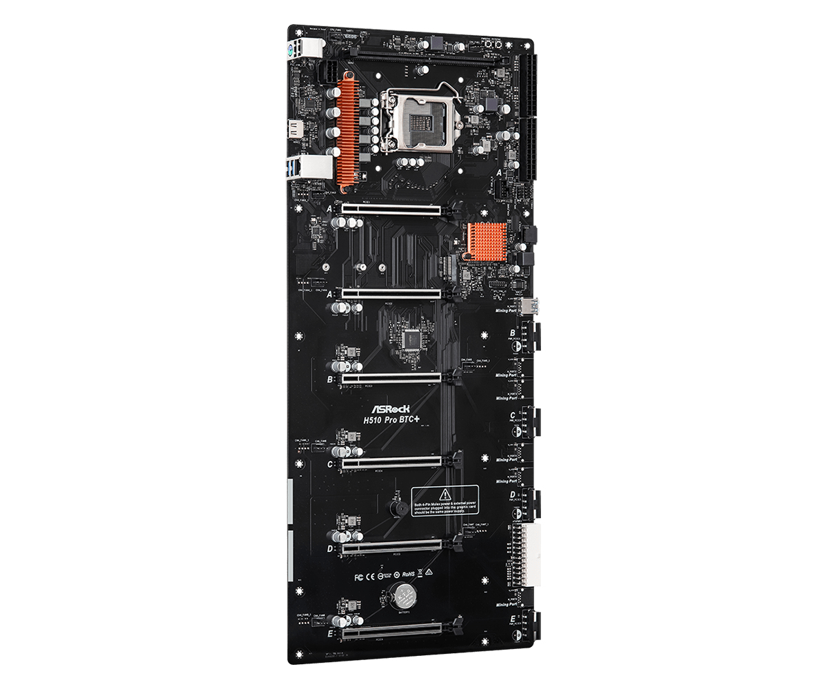 Scheda madre ASRock H510 Pro BTC+ nera. Include socket CPU, dissipatori arancioni, slot PCI multipli e vari connettori.