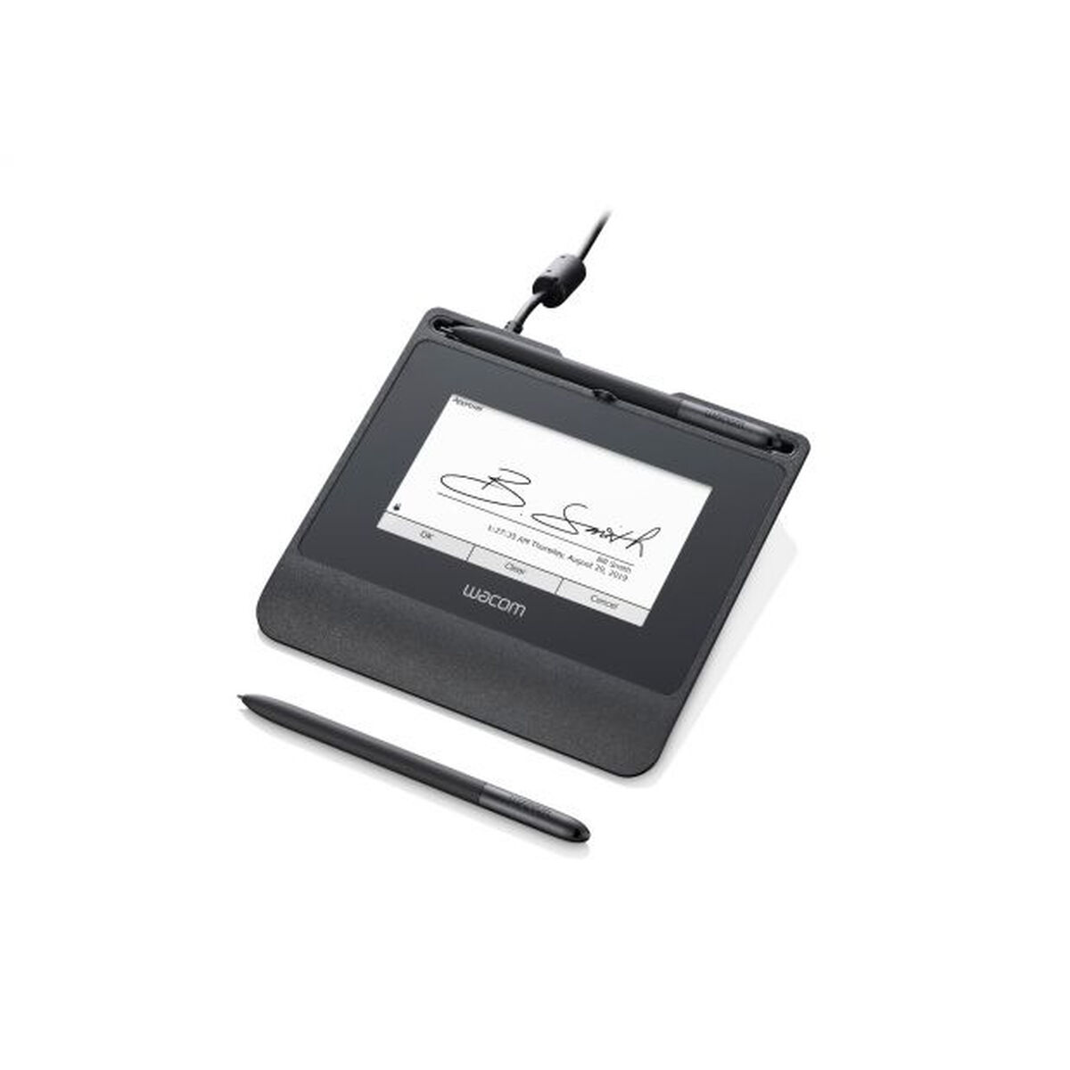 Ein Wacom-Signaturpad mit Stift. Der Bildschirm zeigt eine Unterschrift. Das Pad ist schwarz, mit einem Stift auf dem Tisch.