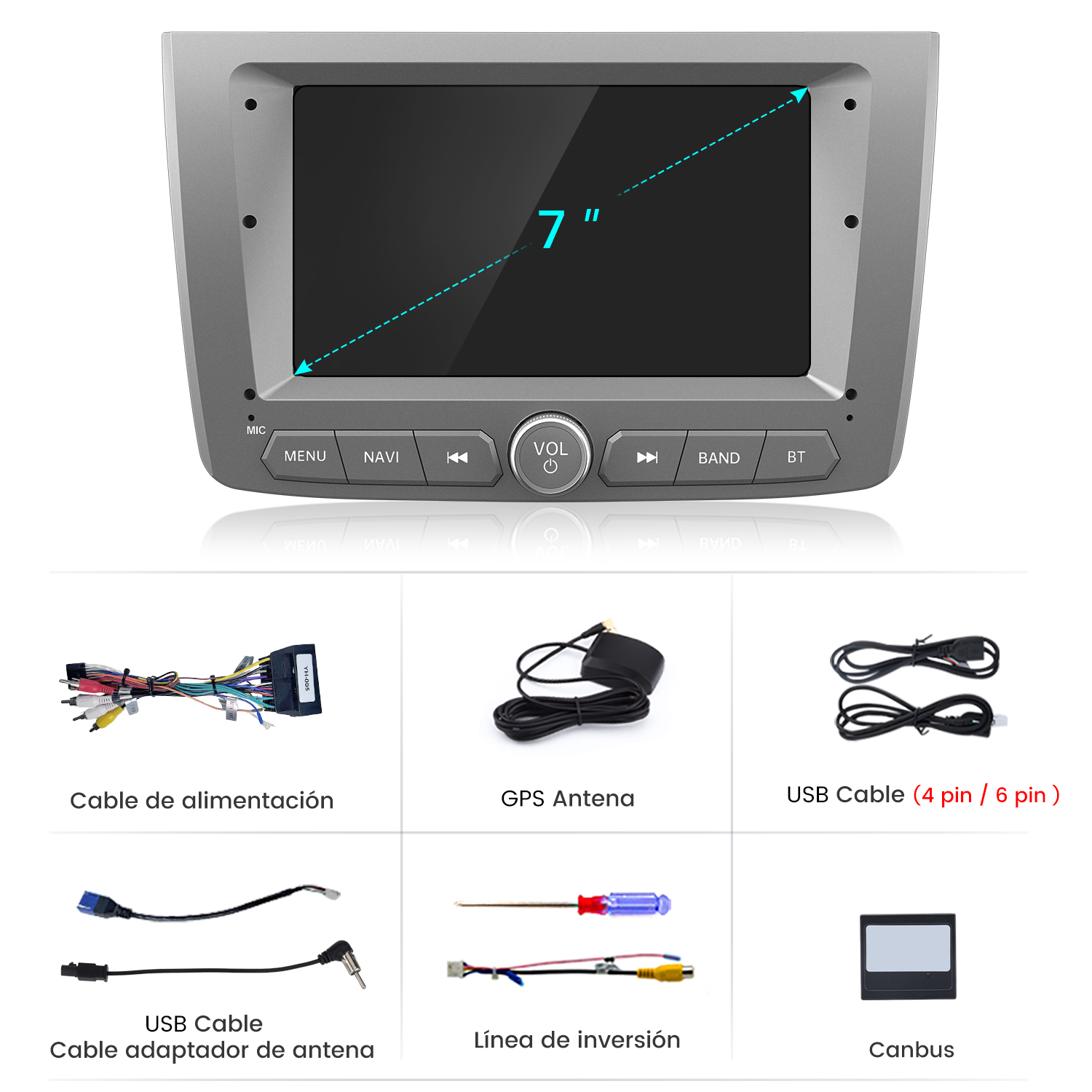 Radio de coche con pantalla de 7 pulgadas y botones. Debajo, cables, antena y herramientas para la instalación.