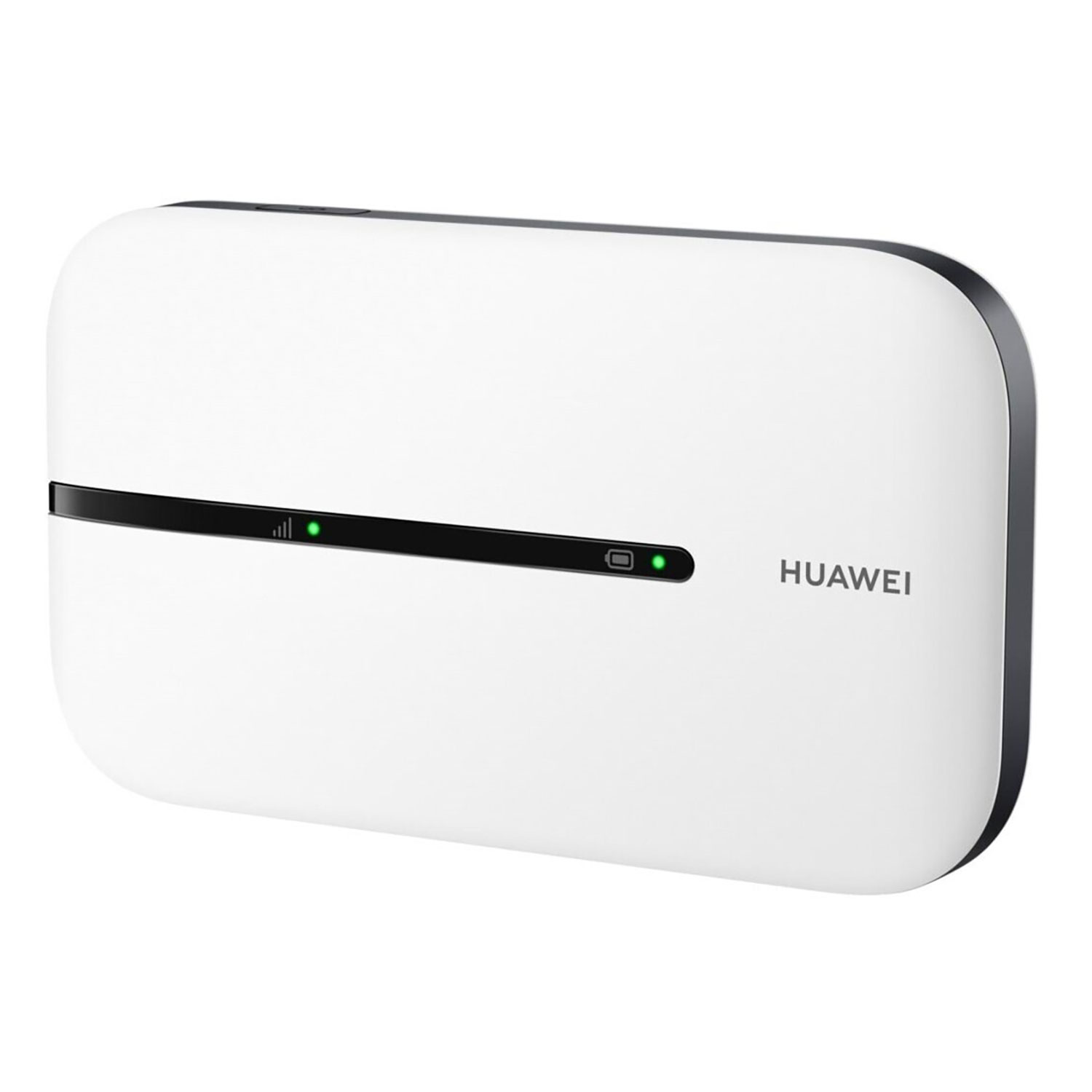 Ein weißer tragbarer Huawei-Router. Er hat einen schwarzen Streifen mit grünen Lichtern zur Statusanzeige und das Huawei-Logo.