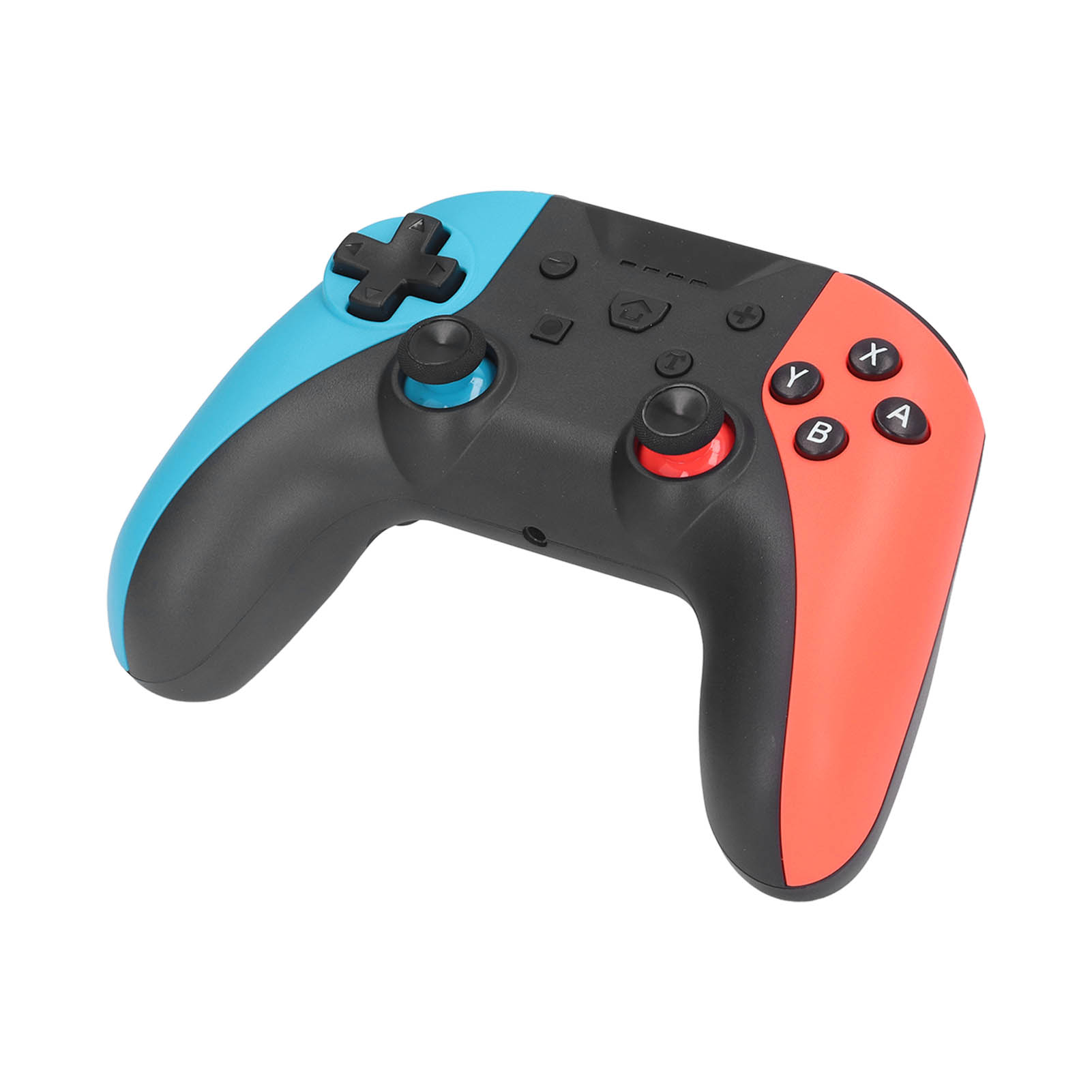 Ein Gamecontroller mit schwarzen, blauen und roten Farben. Er hat Tasten, Analog-Sticks und ein Steuerkreuz.
