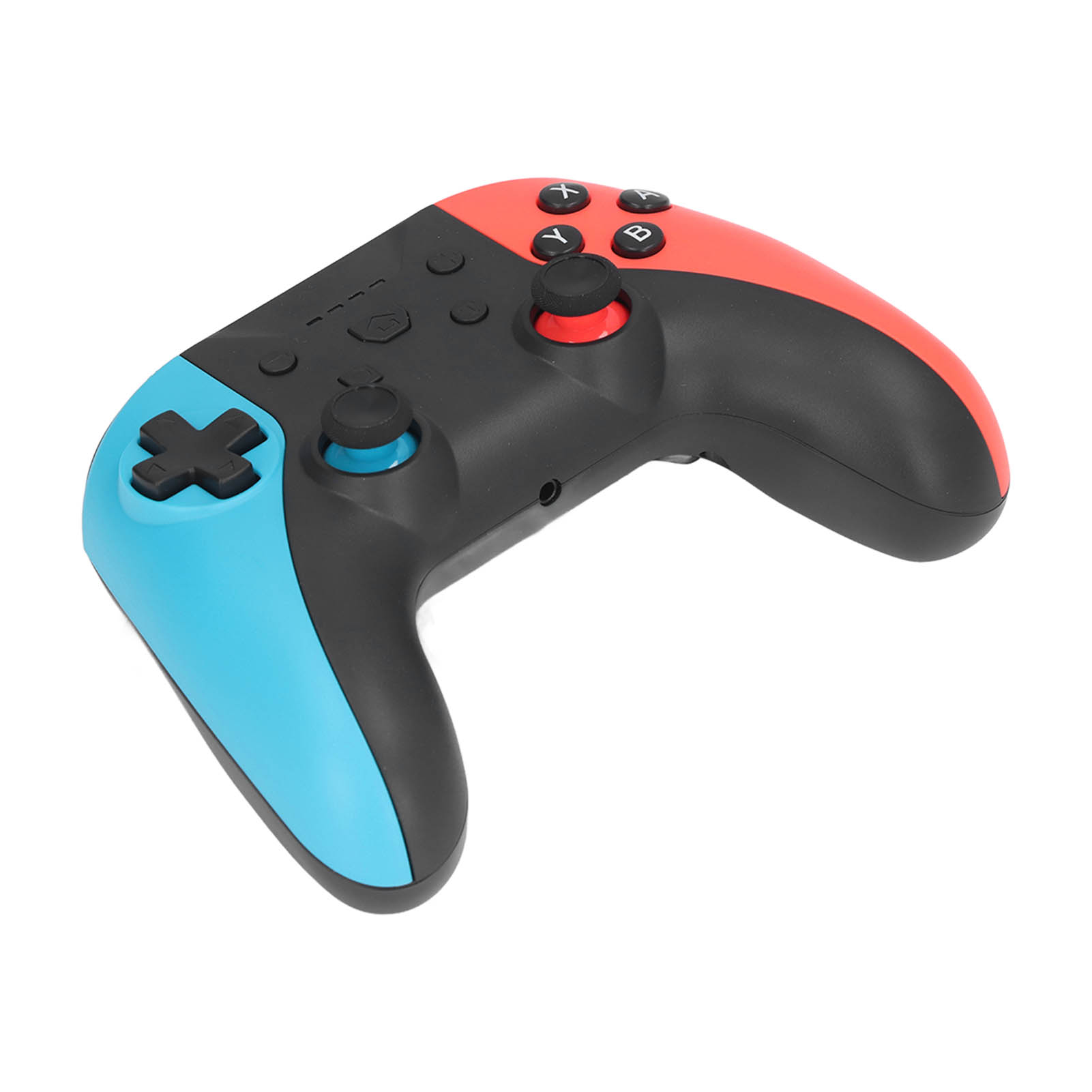 Ein Gamecontroller mit schwarzen, roten und blauen Farben. Verfügt über Tasten, Joysticks und ein Steuerkreuz.