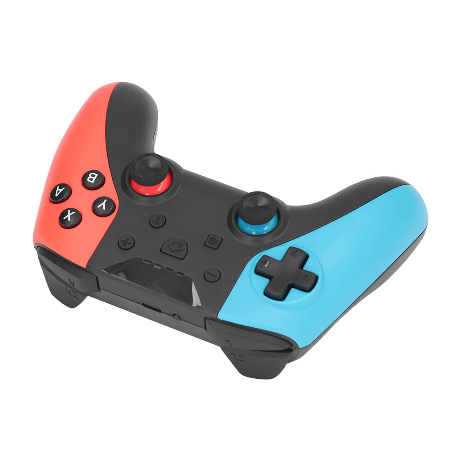 Ein Gamecontroller mit roten, schwarzen und blauen Abschnitten. Er hat Knöpfe und Joysticks. Der Hintergrund ist weiß.