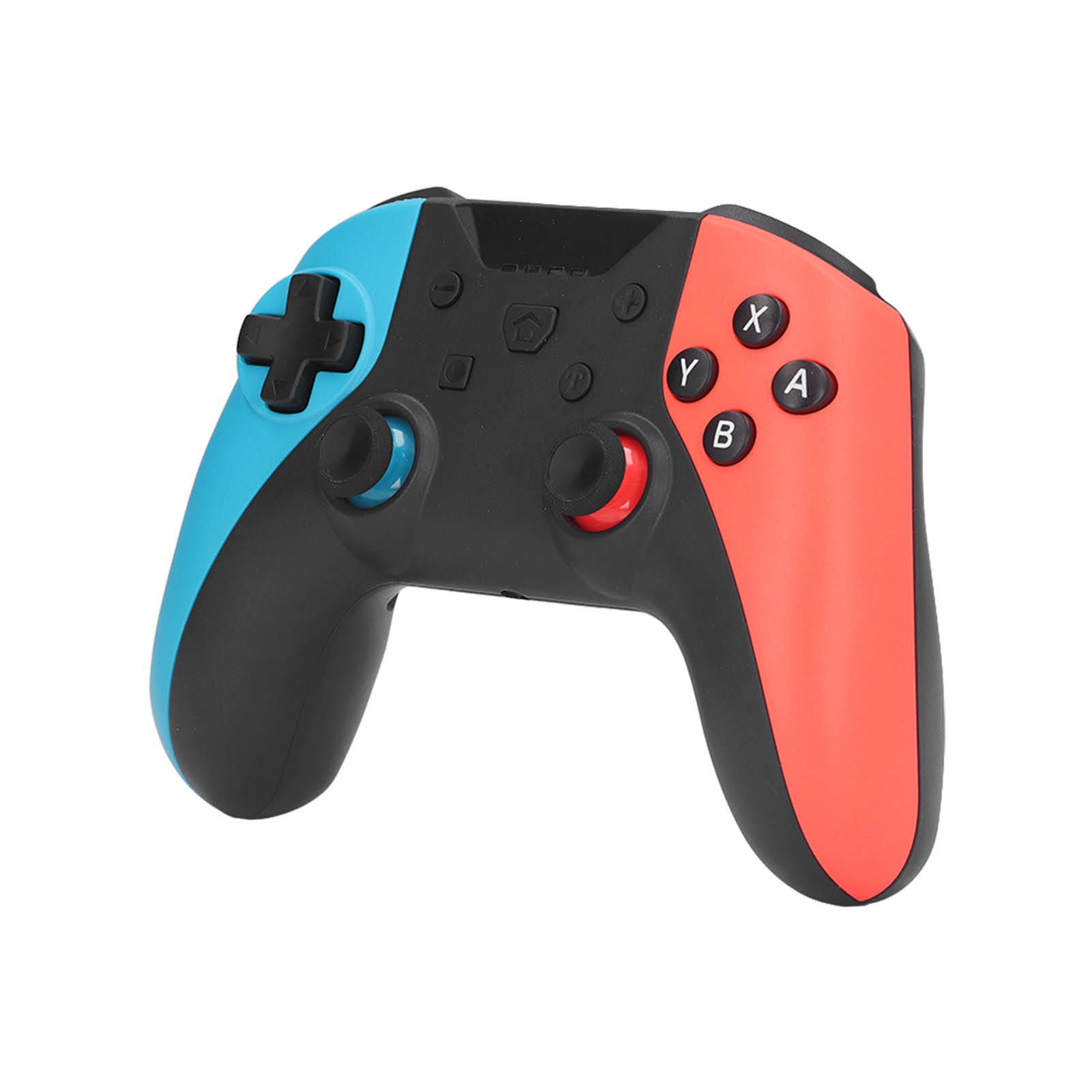 Ein Gamecontroller mit blauen und roten Seiten, schwarzem Gehäuse und Knöpfen. Es hat ein kreuzförmiges Steuerkreuz.