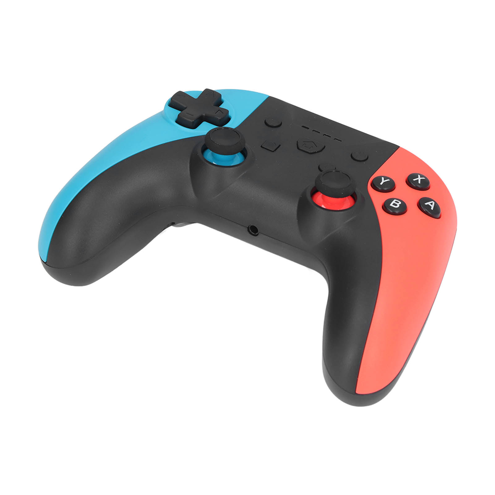 Ein Gamecontroller mit blauen und roten Seiten, schwarzen Knöpfen und einer schwarzen Mitte.