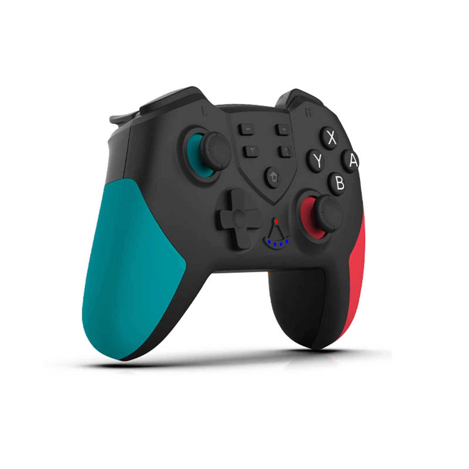 Schwarzer Gamecontroller mit türkisfarbenen und roten Akzenten. Enthält Knöpfe, Joysticks und ein Steuerkreuz. Weißer Hintergrund.