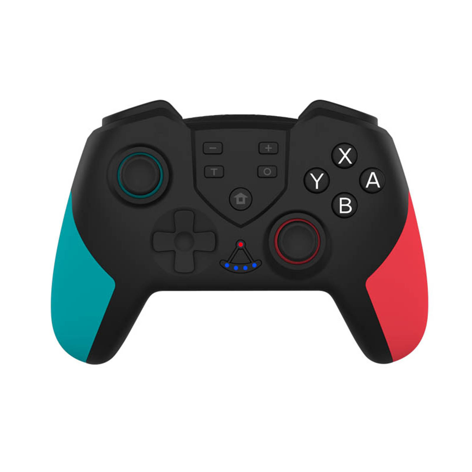 Schwarzer Gamecontroller mit türkisen und roten Akzenten. Mit Tasten, Steuerkreuz und Joysticks. Auf weißem Hintergrund isoliert.