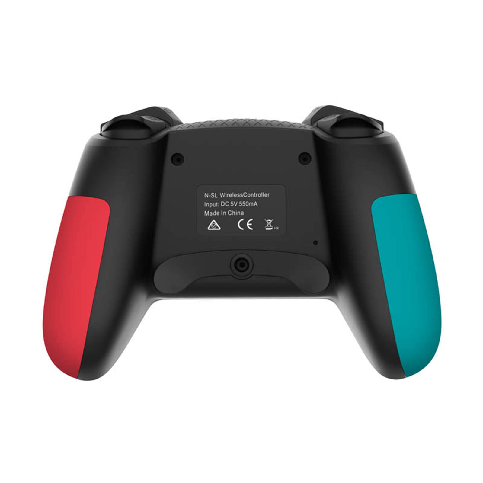 Ein schwarzer kabelloser Controller mit roten und tealfarbenen Griffen. Es hat Tasten und ein zentrales Panel mit Text.