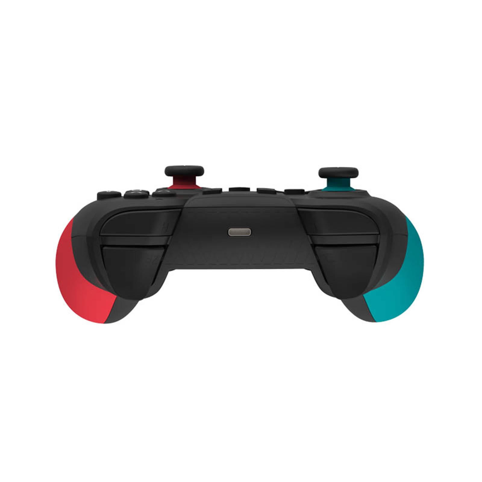 Schwarzer Gamecontroller mit roten und tealfarbenen Seiten. Zwei Joysticks und mehrere Tasten sind sichtbar.