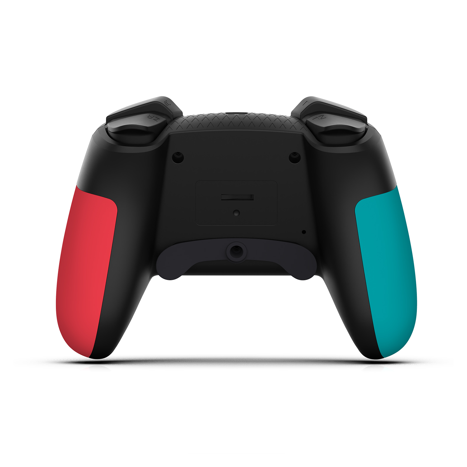 Schwarzer Gamecontroller mit roten und tealfarbenen Griffen. Tasten und Auslöser sind sichtbar. Weißer Hintergrund.