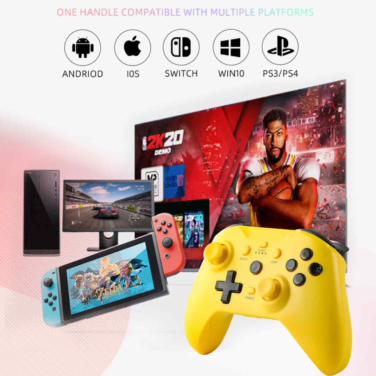 Gelber Gamecontroller, Bildschirme und Plattform-Icons. Die Bildschirme zeigen Spiele. Überschrift: Ein Griff kompatibel mit mehreren Plattformen.