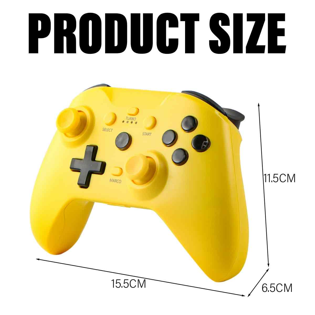 Gelber Gamecontroller mit schwarzen Knöpfen. Produktgröße: 15,5 cm x 11,5 cm x 6,5 cm. Text PRODUKTGRÖSSE oben.
