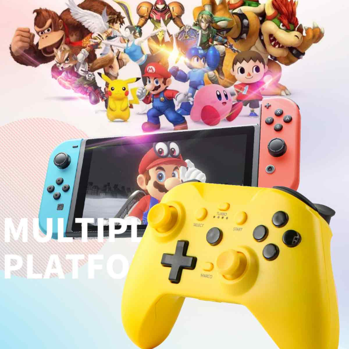 Ein gelber Controller im Vordergrund, eine Nintendo Switch und verschiedene Spielfiguren im Hintergrund, darunter Mario und Pikachu.