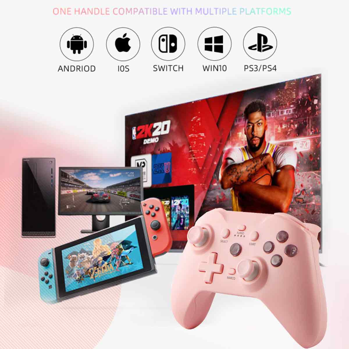 Rosa Gamecontroller im Fokus. Spielkonsolen, Android, iOS, Switch, Win10, PS3/PS4-Symbole oben. Ein Mann mit Basketball auf einem Bildschirm.