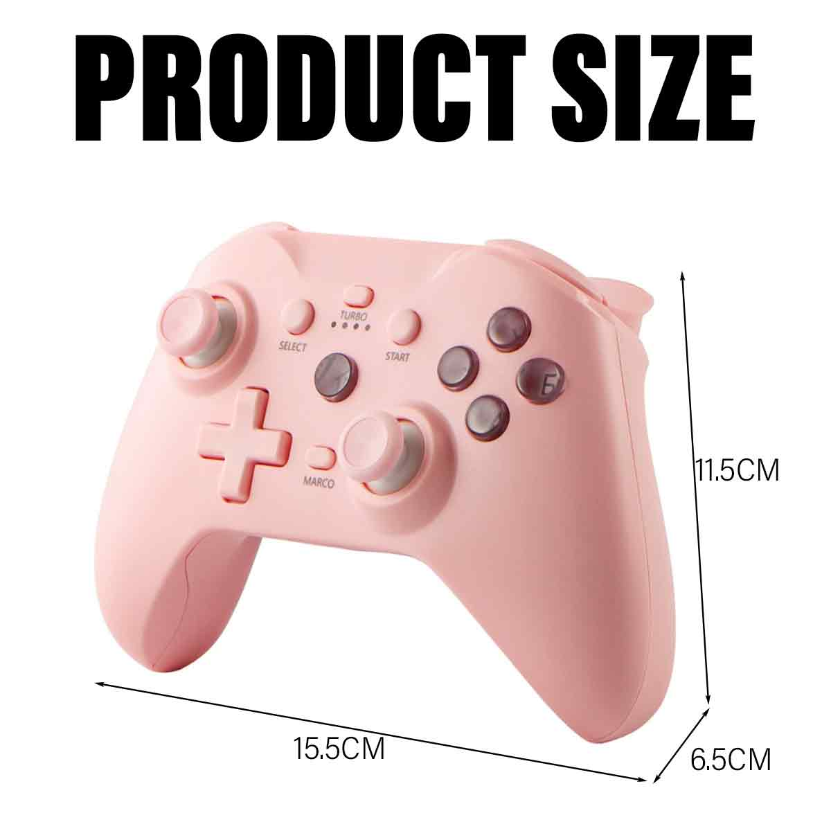 Rosa Gamecontroller mit Knöpfen, Maße 15,5 cm x 11,5 cm x 6,5 cm und Text 'PRODUKTGRÖSSE' auf weißem Hintergrund.