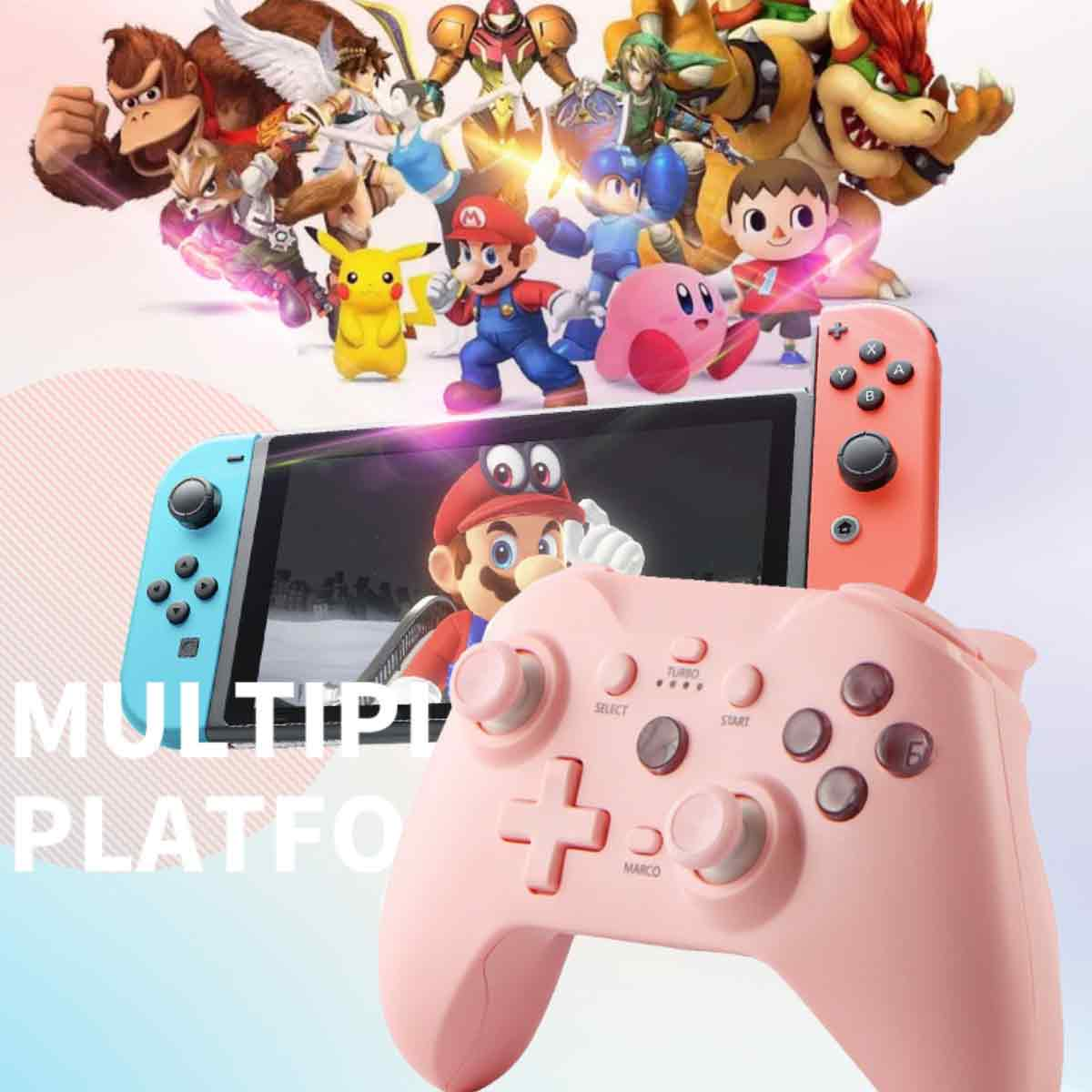 Ein rosa Controller und eine Switch-ähnliche Spielkonsole befinden sich im Vordergrund. Viele Spielfiguren sind im Hintergrund.