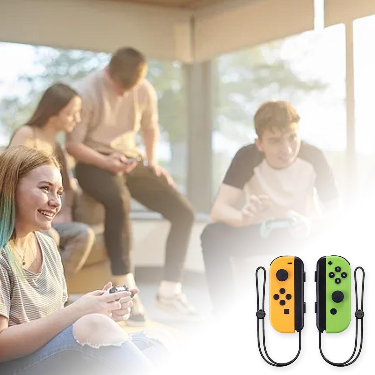 Gruppe junger Leute spielt Videospiele. Joy-Cons sind zu sehen. Ein Mädchen lächelt und hält einen Controller. Ein Junge spielt auch.