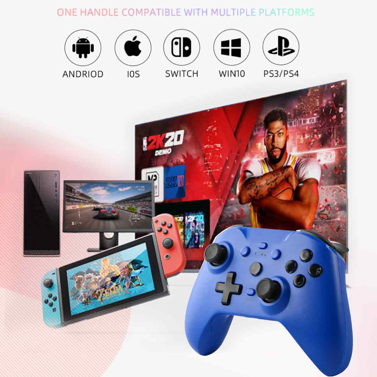 Ein blauer Gamecontroller im Vordergrund. Der Hintergrund zeigt mehrere Bildschirme und Gaming-Plattformen mit Logos wie Android, iOS, Switch und PS3/PS4.