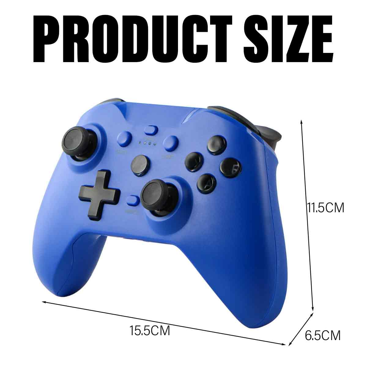 Blauer Gamecontroller mit schwarzen Knöpfen und Maßangaben: 15,5 cm lang, 11,5 cm hoch und 6,5 cm breit. Text: Produktgröße.