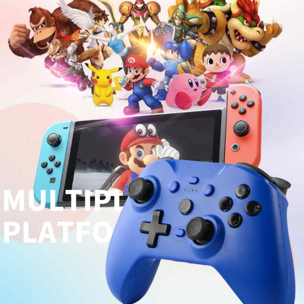 Ein blauer Controller steht im Fokus. Dahinter befindet sich eine Nintendo Switch. Verschiedene Zeichentrickfiguren oben.