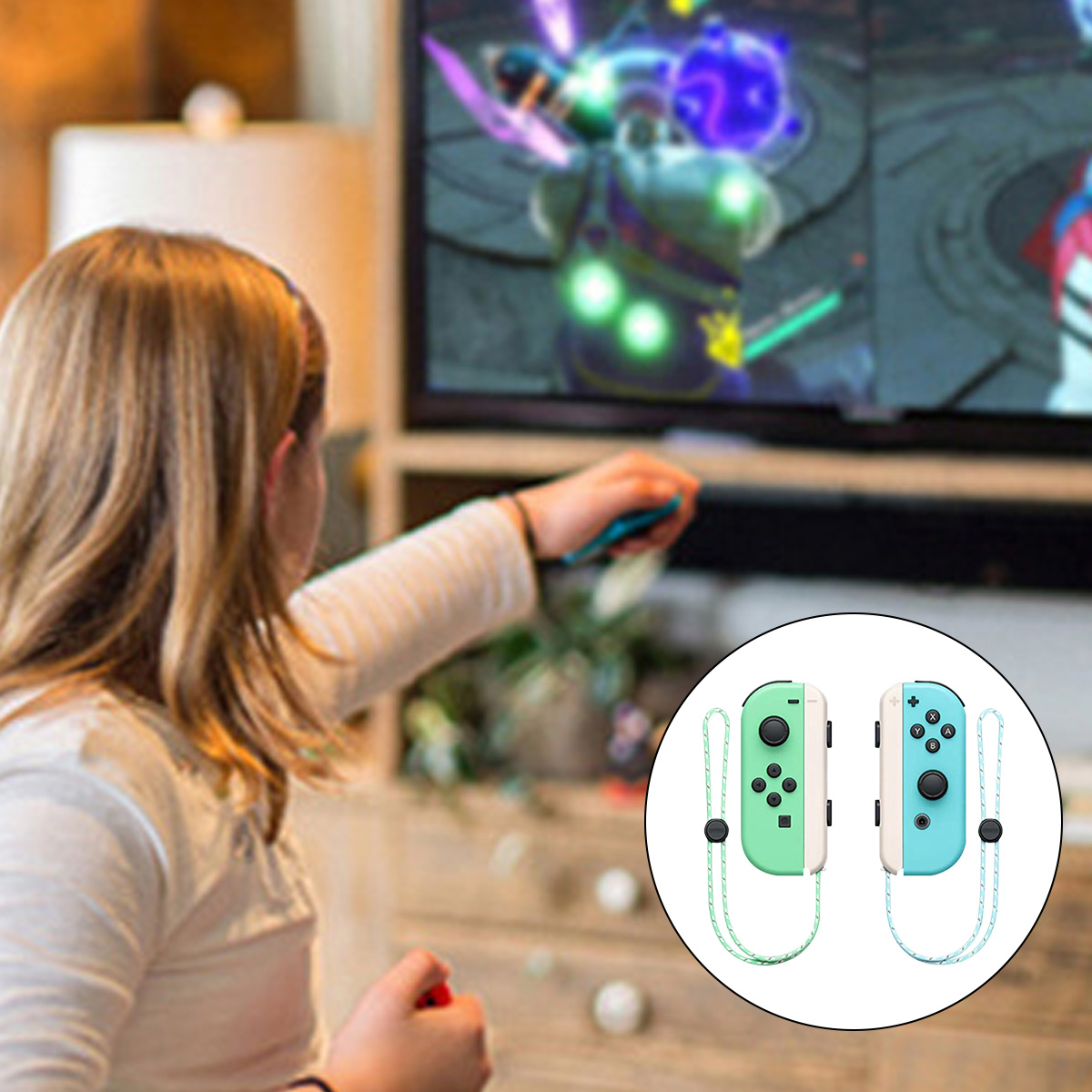 Ein Mädchen spielt ein Videospiel am Fernseher und hält Controller. Ein grüner und ein blauer Controller sind im Kreis abgebildet.