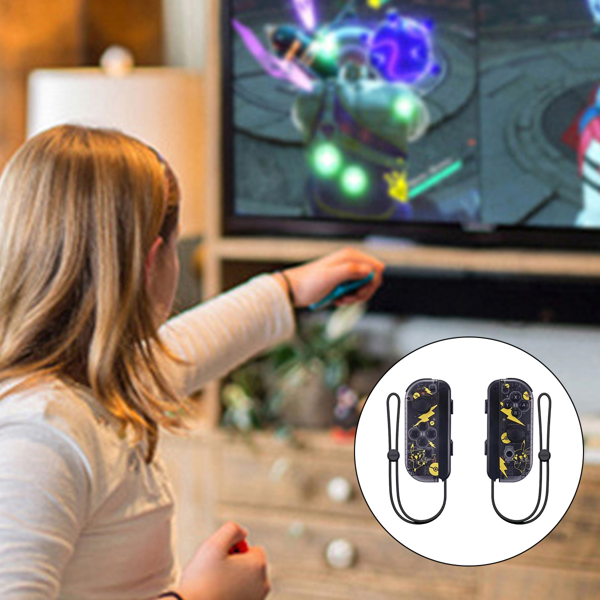 Ein Mädchen spielt ein Videospiel. Sie hält einen Controller. Der Einsatz zeigt zwei Gamecontroller mit Pikachu-Designs.