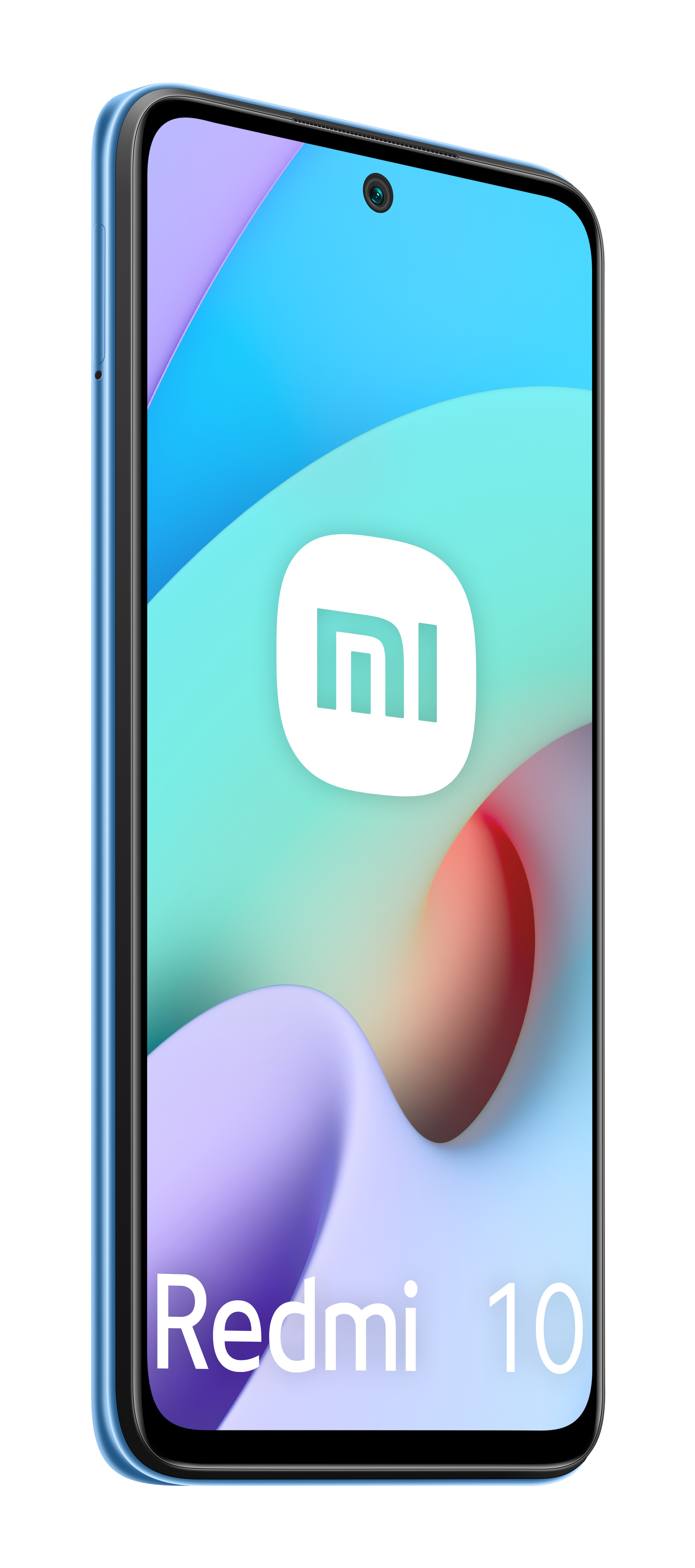 Uno smartphone blu Redmi 10. Lo schermo mostra il logo Xiaomi e forme astratte colorate. Il telefono è leggermente angolato.