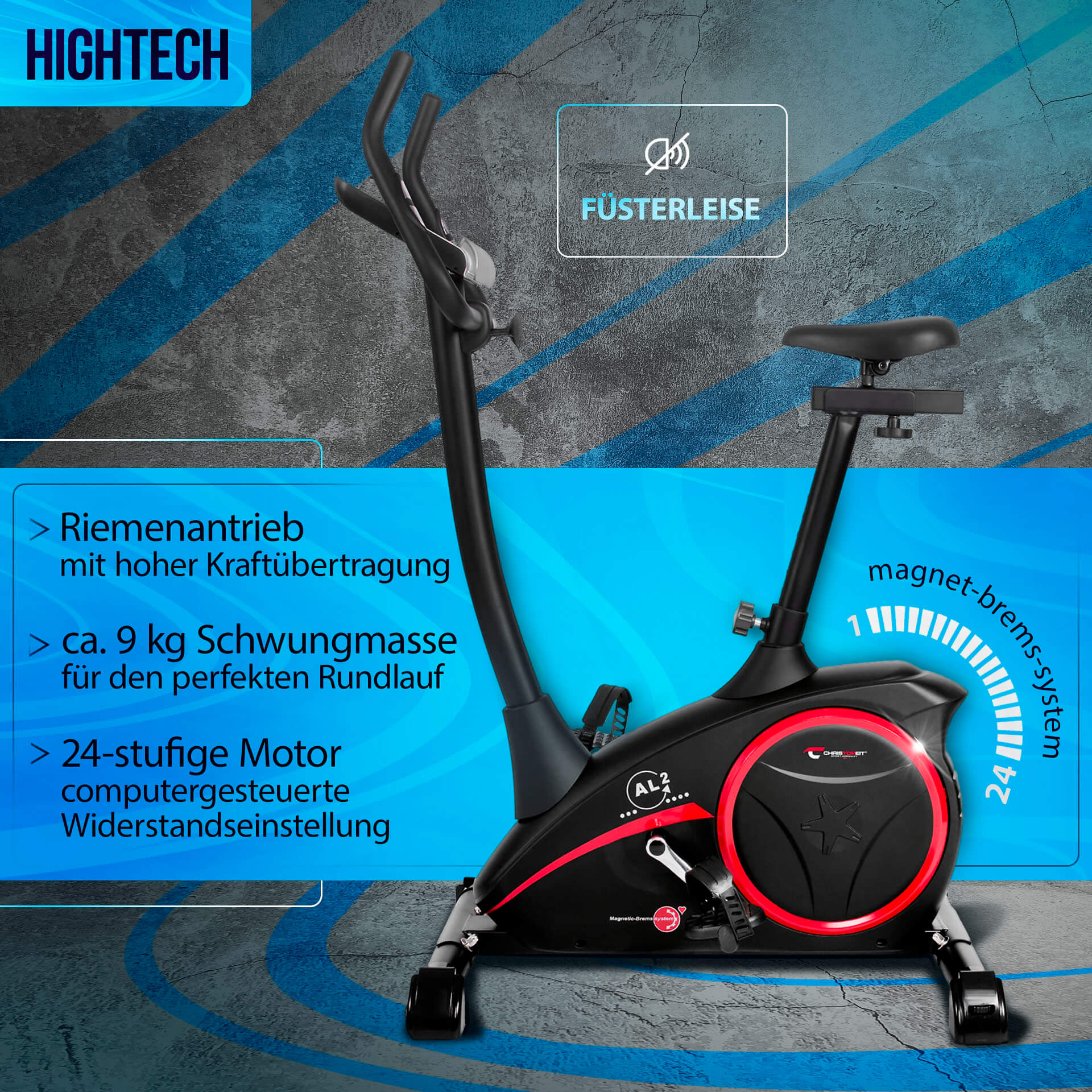 Ein schwarzes Heimtrainer mit roten Akzenten. Zu den Merkmalen gehören ein Magnetbremssystem, 24 Widerstandsstufen und leiser Betrieb.
