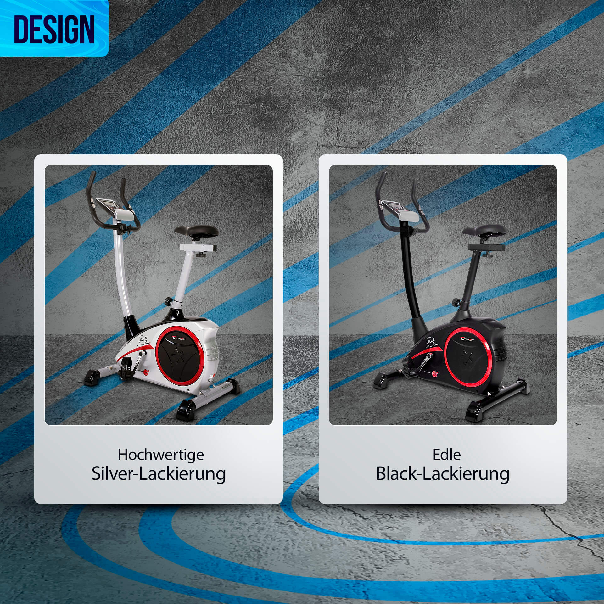 Das Bild zeigt zwei Heimtrainer, einen silbernen und einen schwarzen. Beide sind vor einem strukturierten grauen Hintergrund mit blauen Linien zu sehen.